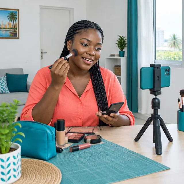 Une adulte montre une technique de maquillage devant son téléphone
