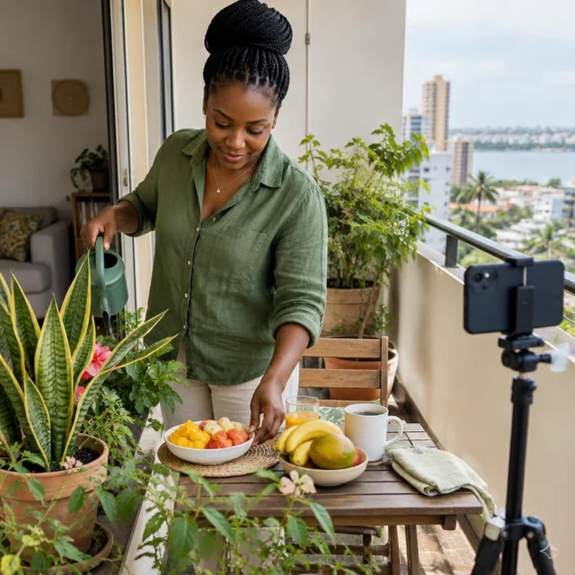 Une adulte partage sa routine du matin entre plantes et petit-déjeuner