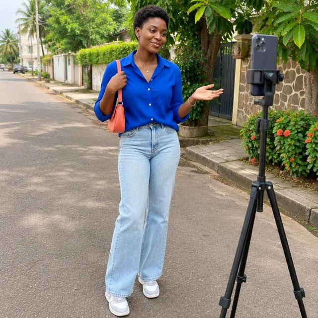 Une adulte présente sa tenue du quotidien dans une rue d’Abidjan