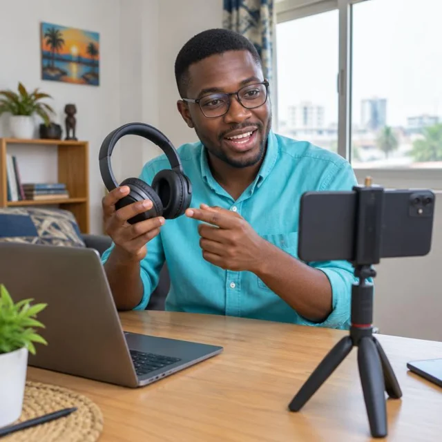 Un adulte teste un casque audio devant son téléphone